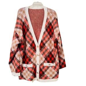 Talbots Womens 2X V-Neck Cardigan Fall Statement Plaid Long Gold Buttons Pockets